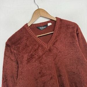 Vintage Hudsons Sweater Mens Medium Red Suede Rockabilly V Neck Pullover 70s 80s